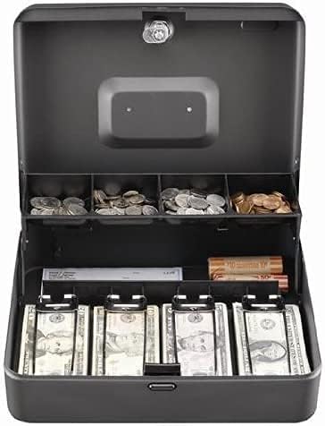 MMF Industries STEELMASTER Tiered Tray Cash Box | 11.81” W x 3.18” H x 9.43” D | 10 Compartments | Tiered Tray Design | Recessed Handle | Secure Cam Lock | Steel Construction