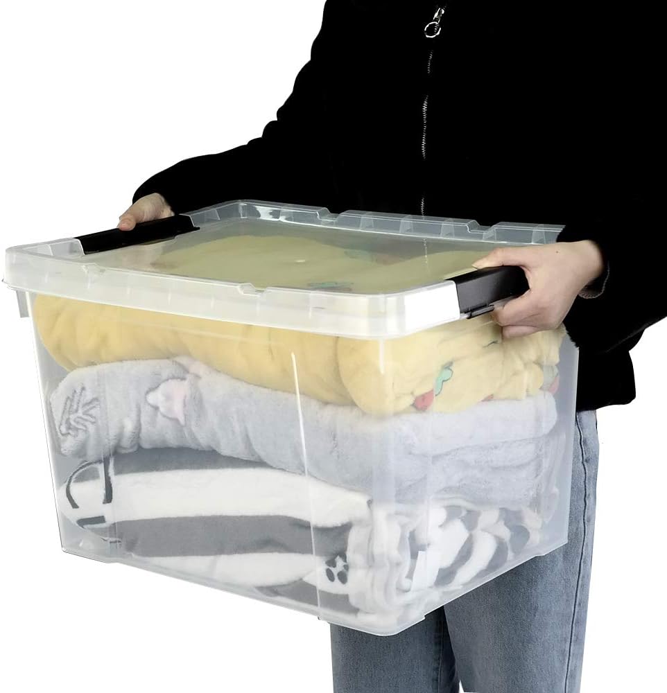 Ggbin 4 Packs 50 Quart Plastic Container Bin with Lids, Latching Storage Box with Wheels, Clear