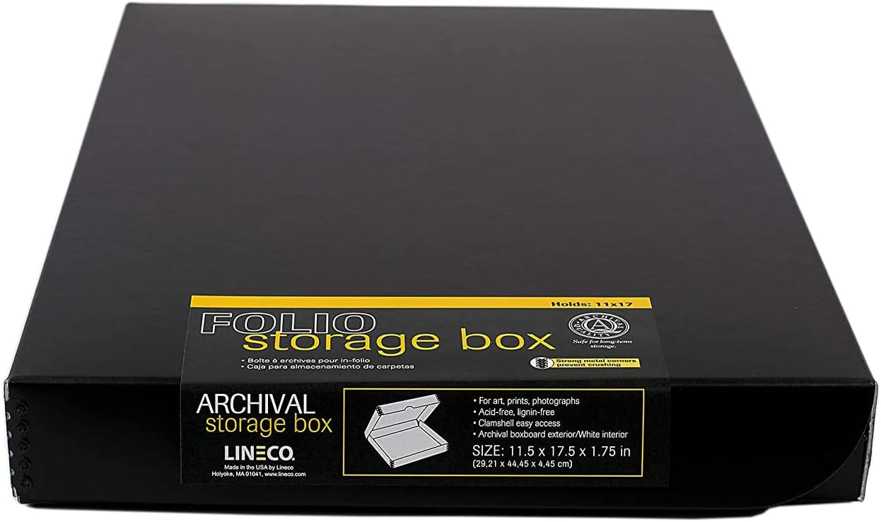 Lineco Folio Storage Box, Clamshell Design with Metal Edge. 11.5x17.5x1.75 Inches, Archival Boxboard, Preserve Photos, Cards, Magazines, Documents, Art, Ephemera, Family Records, Black, Pack of 1