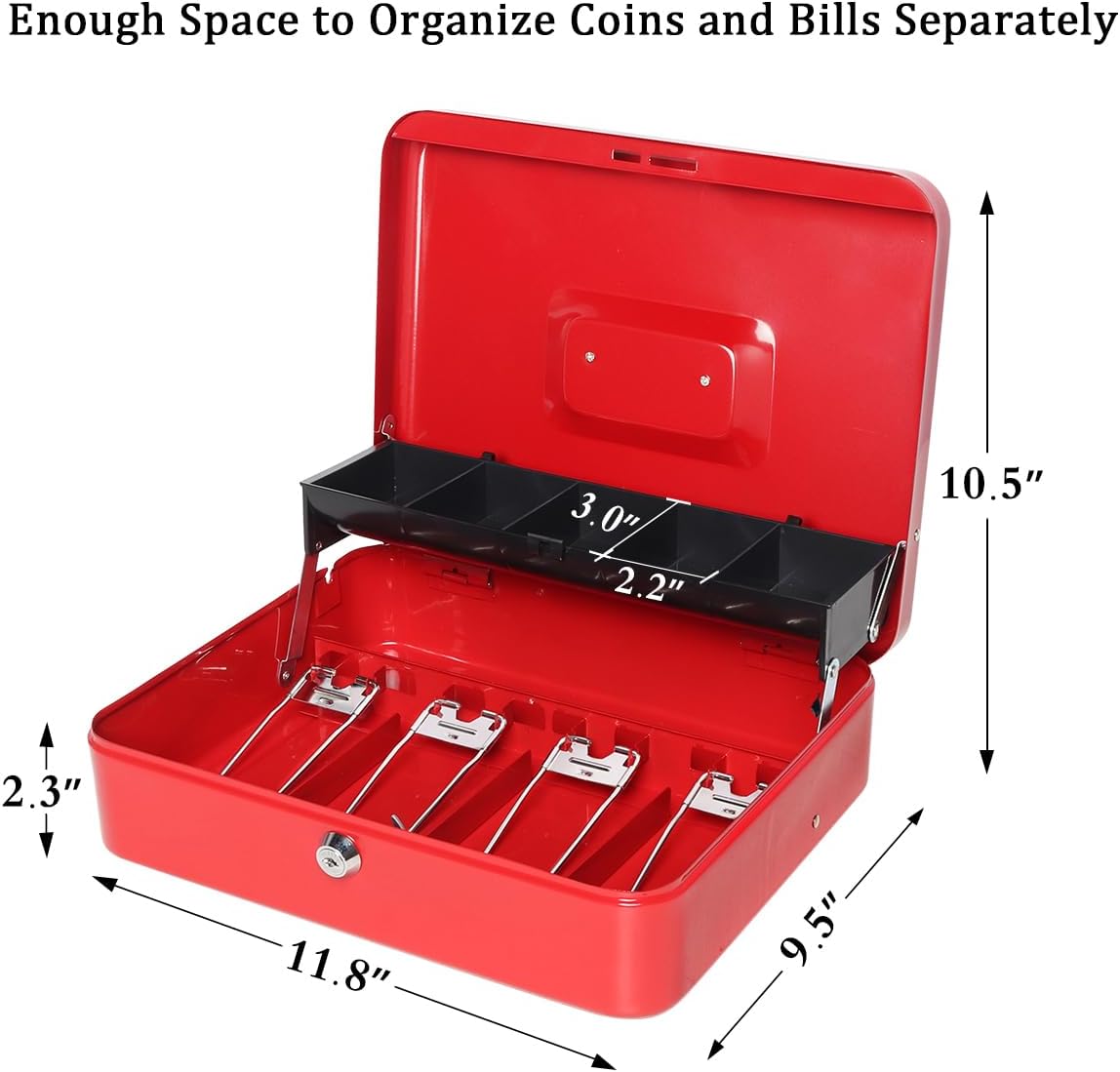 Jssmst Large Locking Cash Box with Money Tray, Lock Box with Security Cable Metal Money Box with Key Lock, Red