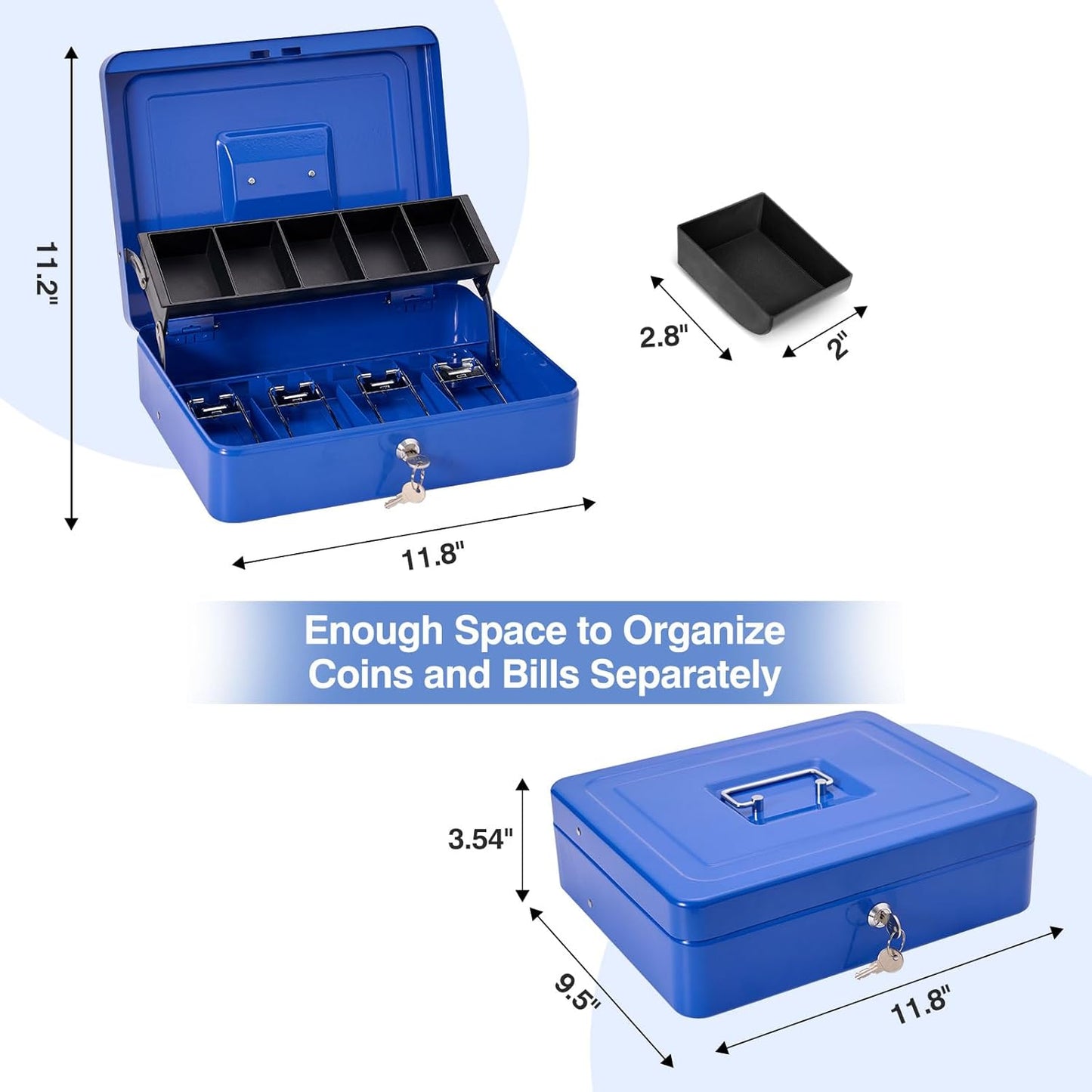 Large Locking Cash Box with Key Lock and Money Tray, Money Box with Cash Tray, Lock Safe Box for Office Business,11.8" x 9.5" x 3.5", Blue