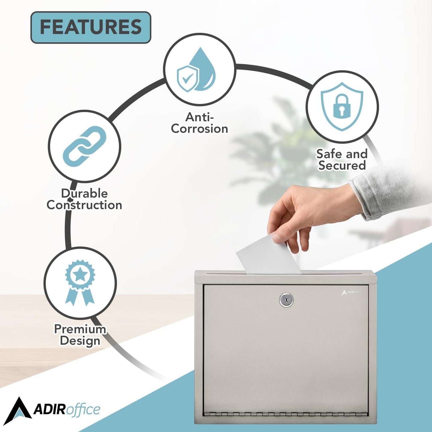 Adir Metal Suggestion Box with Lock and Slot, Wall Mount Deposit Box for Payments and Checks, Office Mail Box for Employees, Mailbox for House, Safe Drop Box with Keys - 3x10x12 Inch Beige