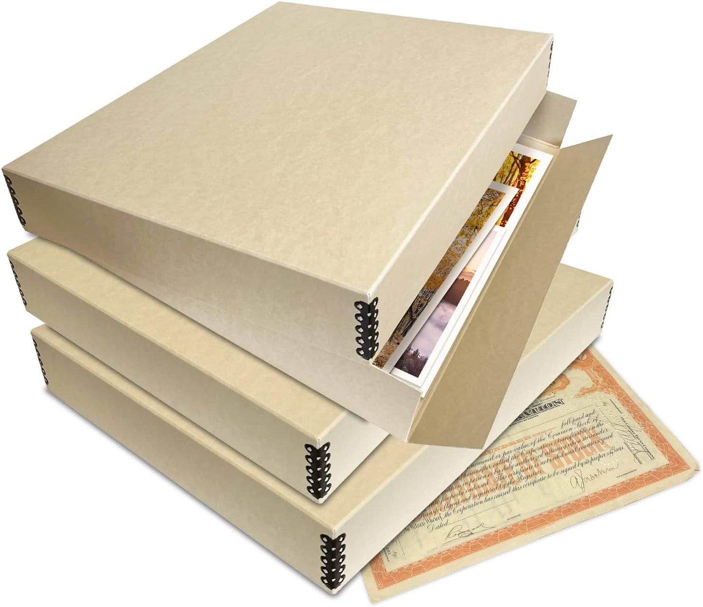 Lineco Museum Archival Storage Box, 17.75x22.75x3 in. Drop Front Design. Acid-Free with Metal Edge. Organize Photos, Pictures, Prints, Documents, Crafts, DIY. Tan, 1 Pack