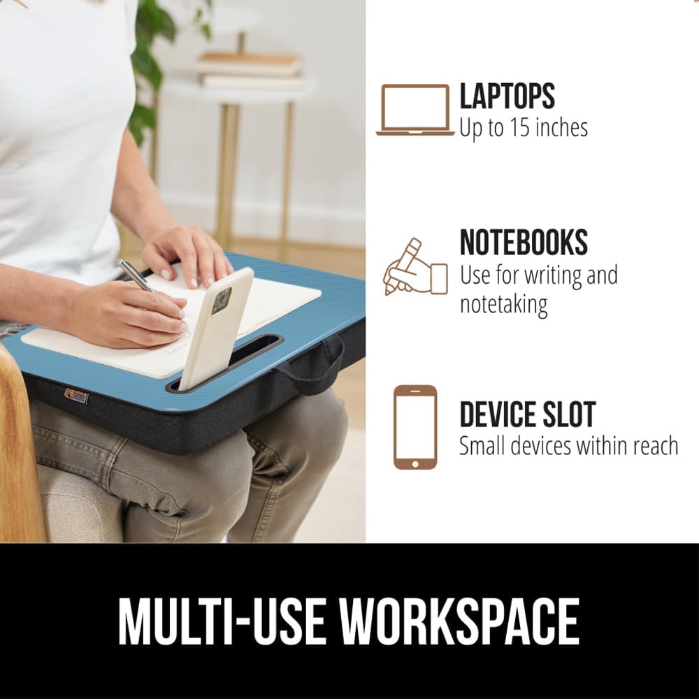 GORILLA GRIP Laptop Lap Desk with Phone Holder, Pillow Cushion Desks Fit Laptops up to 15.6", Tray Ledge Keep Computers in Place, Portable Travel Workstation Essentials for Home, Dorm Room, Blue
