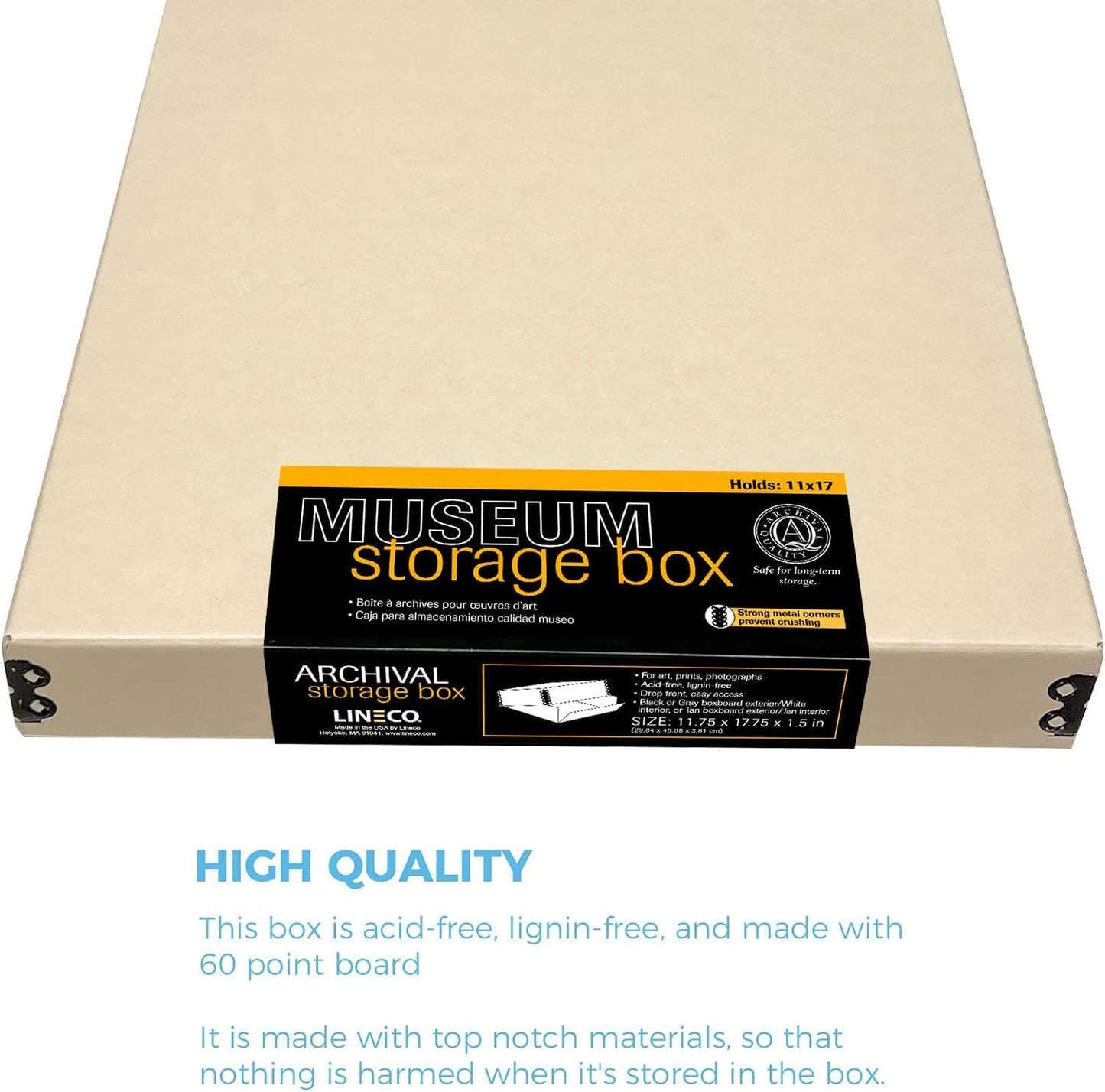 Lineco Museum Archival Storage Box, 11.75x17.75x1.5 in. Drop Front Design. Acid-Free with Metal Edge. Organize Photos, Pictures, Prints, Documents, Crafts, DIY. Tan, 1 Pack