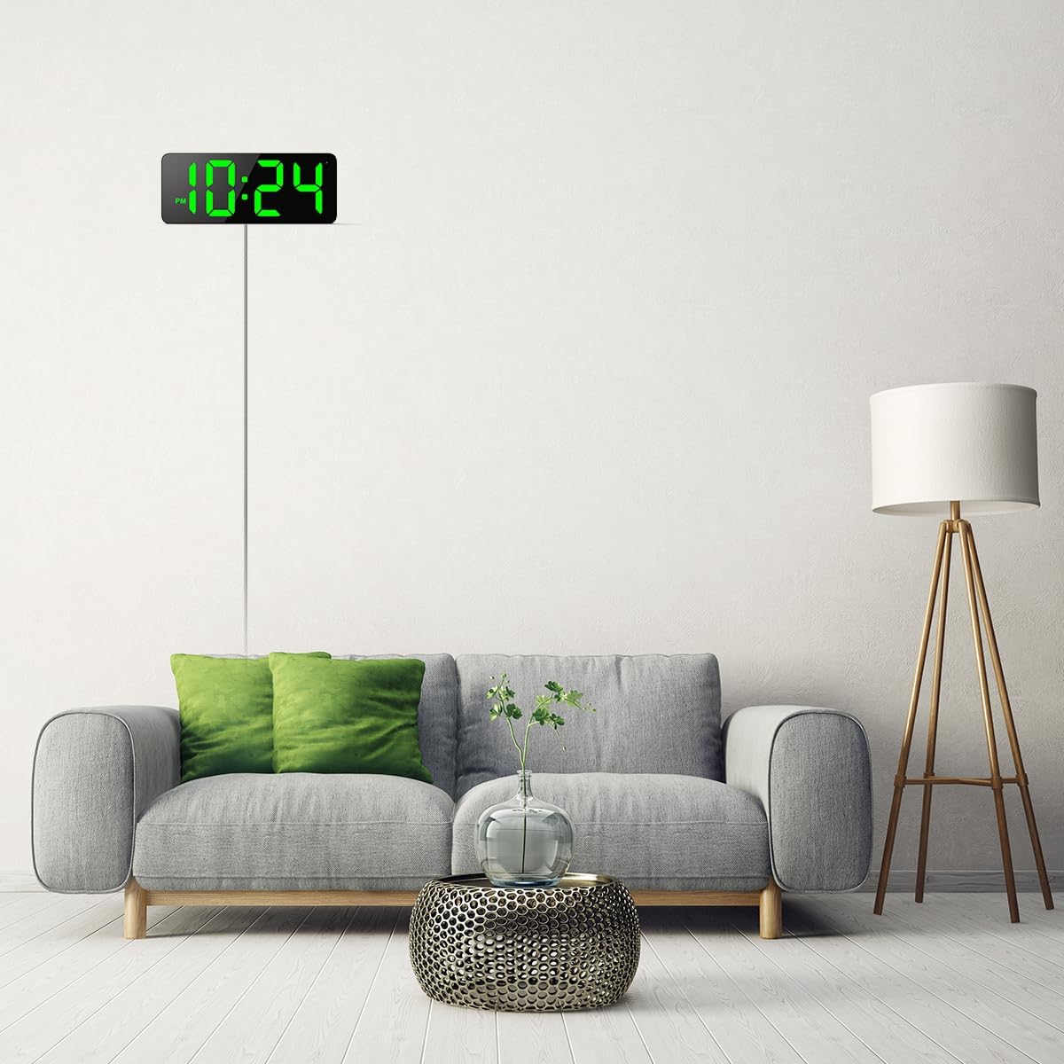 LED Digital Wall Clock with Large Display, Big Digits, Auto-Brightness, 12/24Hr Format, Modern Electric Small Silent Wall Clock for Living Room, Bedroom, Classroom, Farmhouse, Kitchen, Office - Green