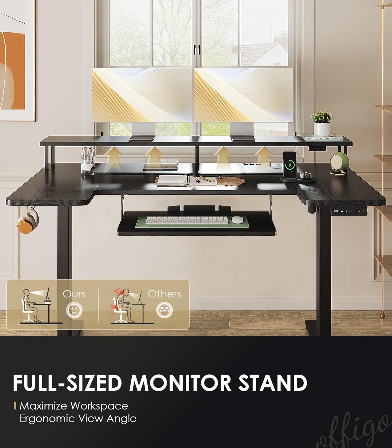OffiGo U Shaped Electric Standing Desk with Keyboard Tray, 55 Inch Height Adjustable Desk with Power Outlets & LED Lights, Sit Stand Table with Monitor Stand for Home, Office, Black
