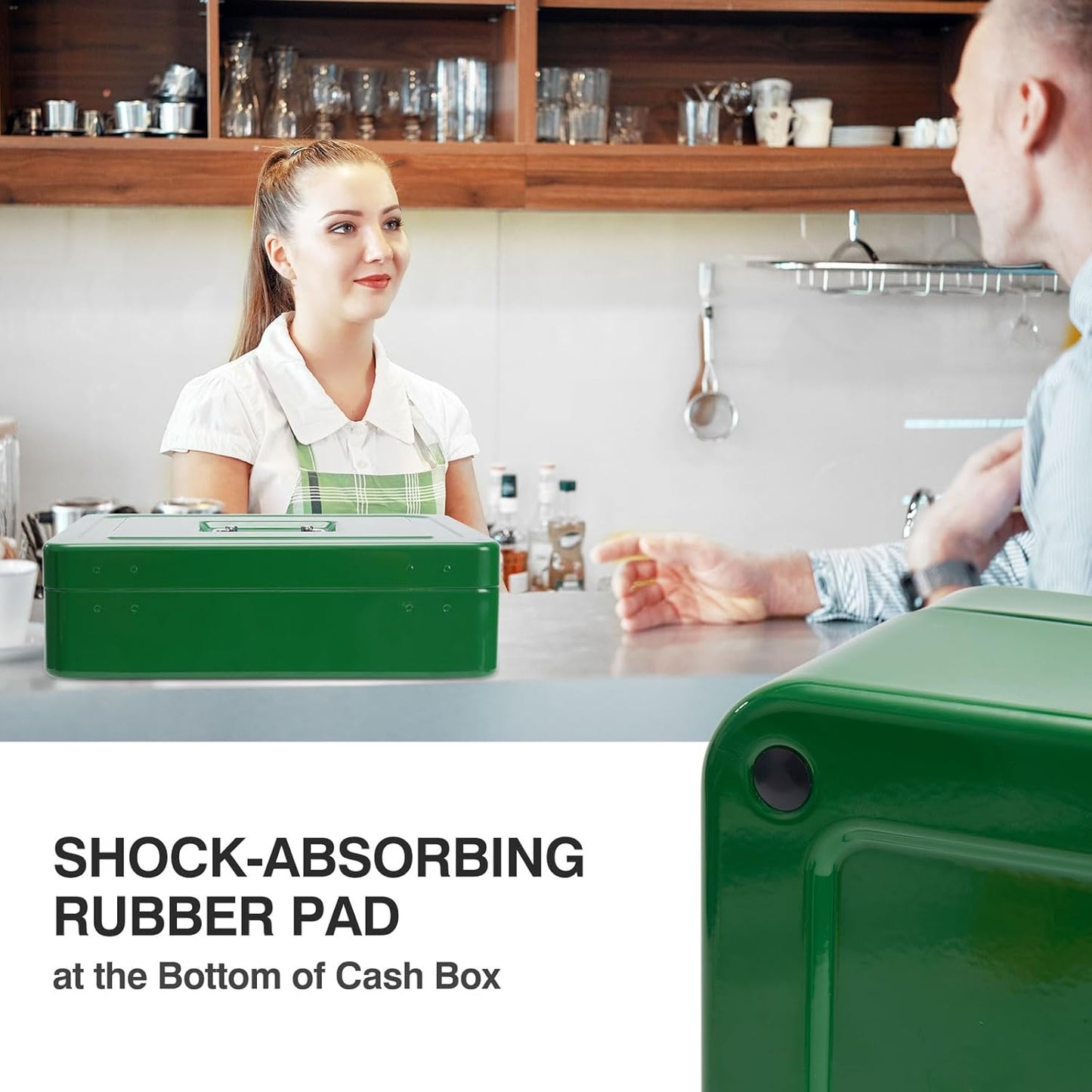 Cash Box Metal Money Box with Tray & Key Lock,Tiered Locking Cash Boxes,Durable Lock Safe Box with Key,4 Bill / 5 Coin Slots,Large 11.8L x 9.5W x 3.5H Inches (Key, Dark Green)