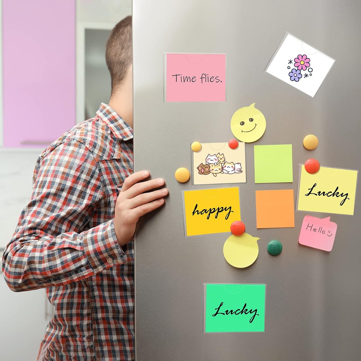 Fainne 240 Pcs Self Adhesive Index Card Pockets with Top Open Clear Plastic Label Holder Bulk for Storage Bins Adhesive Square Index Card Sleeve for Library Office Organizing, 5.12 x 3.74 Inch