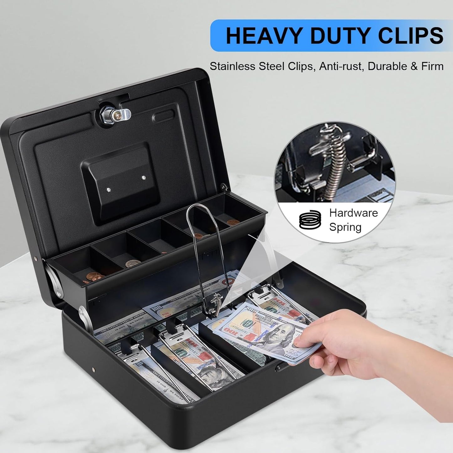 Cash Box Key Lock on Top, 11.8L x 9.5W x 3.5H Inches, Black Metal Money Box with Tray,Tiered Locking Cash Boxes,Durable Lock Safe Box with Key,4 Bill / 5 Coin Slots,Large