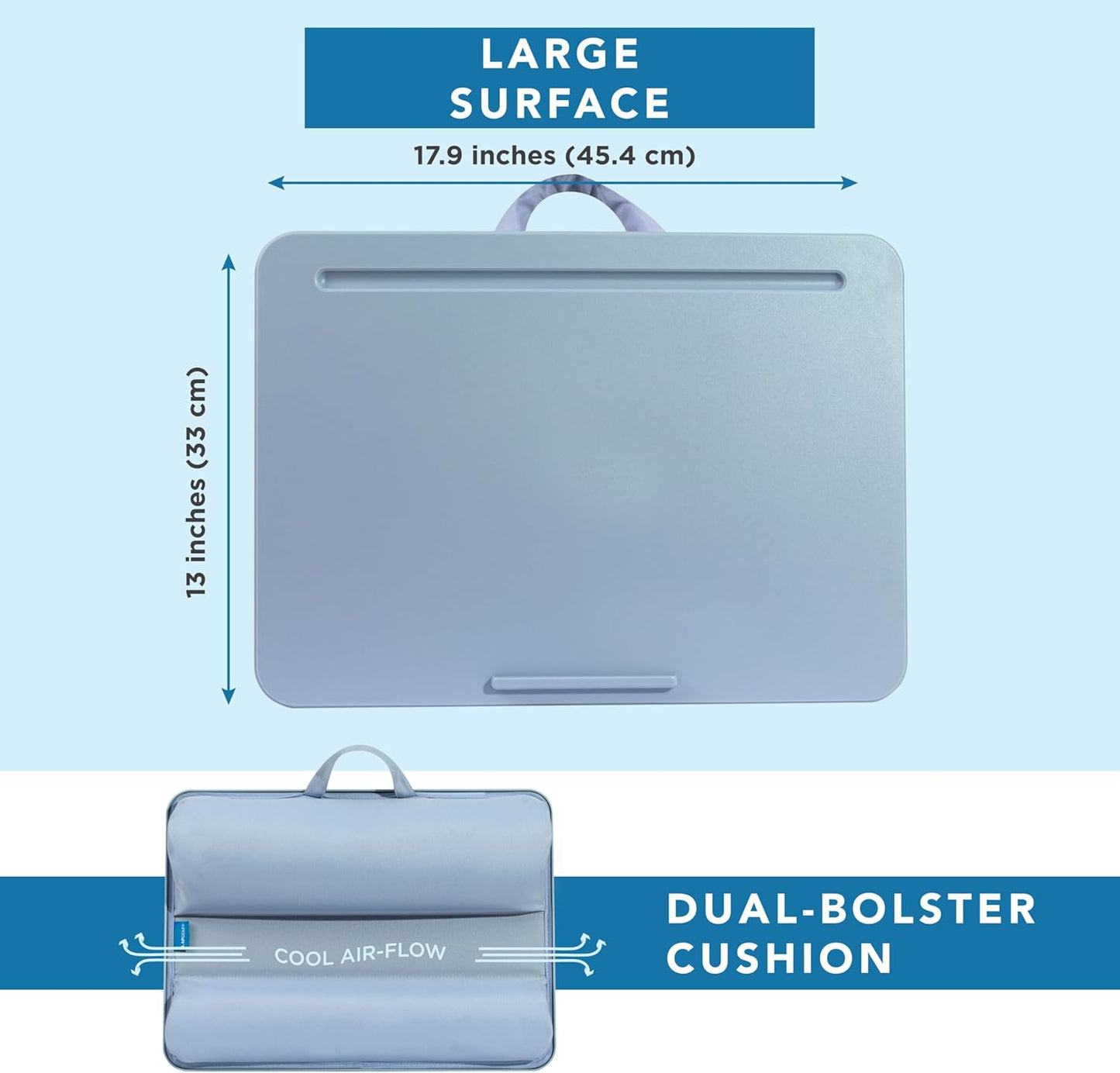 LAPGEAR Original Lap Desk – Large (17.9” x 13”) | Fits Up to 17.3” Laptops | Cushioned with Device Ledge, Pencil Tray & Handle | Portable & Lightweight | 12-Pack | Sky Blue – Style No. 45003