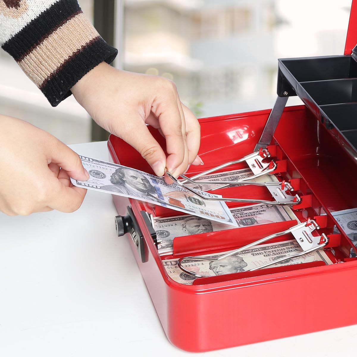 Jssmst Cash Box with Money Tray and Lock - Red Cash Box with Combination Lock Safe Money Box Large, Locking Cash Register Drawer Box, 11.8'' x 9.5'' x 3.5'', SM-CB005RED