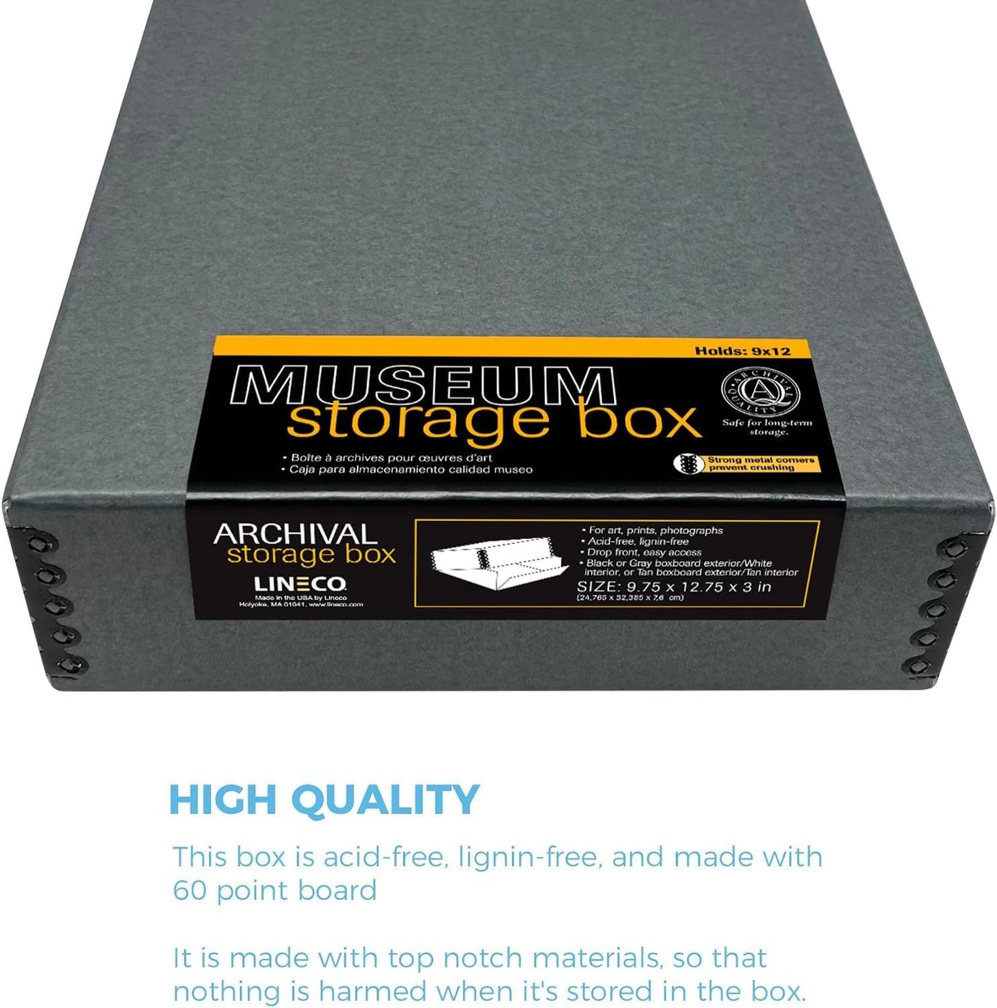 Lineco Museum Archival Storage Box, 9.75x12.75x3 in. Drop Front Design. Acid-Free with Metal Edge. Organize Photos, Pictures, Prints, Documents, Crafts, DIY. Gray, 1 Pack