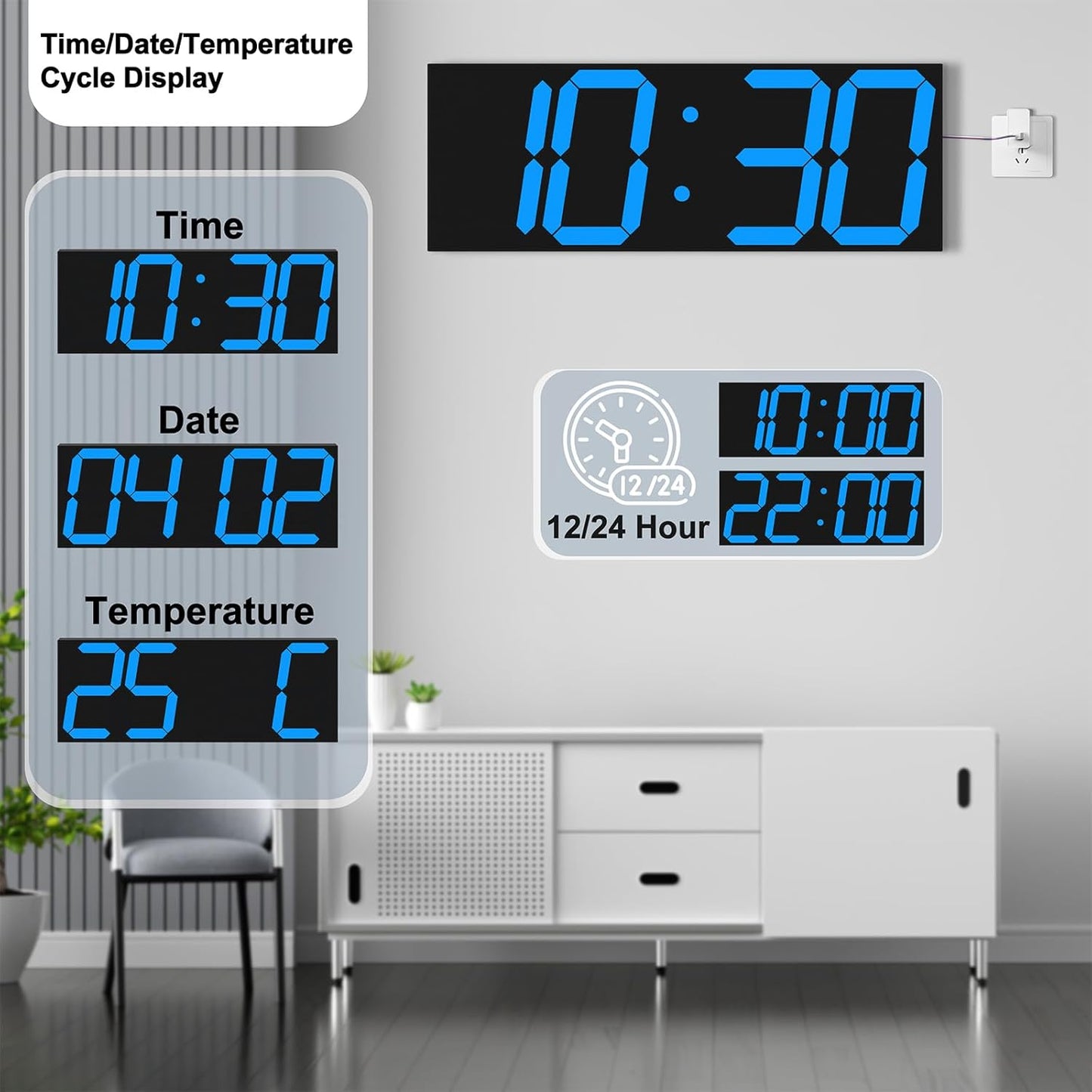 18.7'' Automic Digital Wall Clock, LED Wall Clock with Large Display, Multi-Function Clock with Alarm and Timer, Auto Time Sync Digital Clock with Adjustable Brigthness(Blue)
