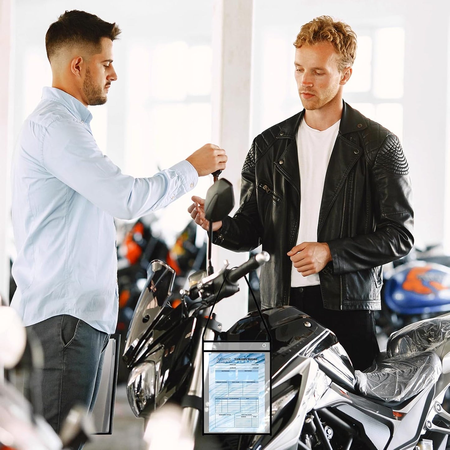 30 Pack Shop Ticket Holders Job Ticket Holders Work Order Holder Pockets, 10 x 14 Dry Erase Pocket Work Order Plastic Sleeves with Hanging Strap, Both Sides Clear