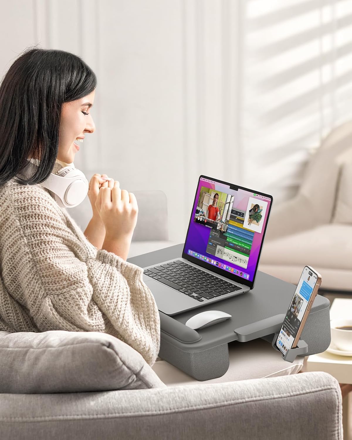 SAIJI Lap Desk with Cushion, Computer Laptop Stand, Lap Laptop Table, Built-in Drawer Storage, Phone Holder, Wrist Pad