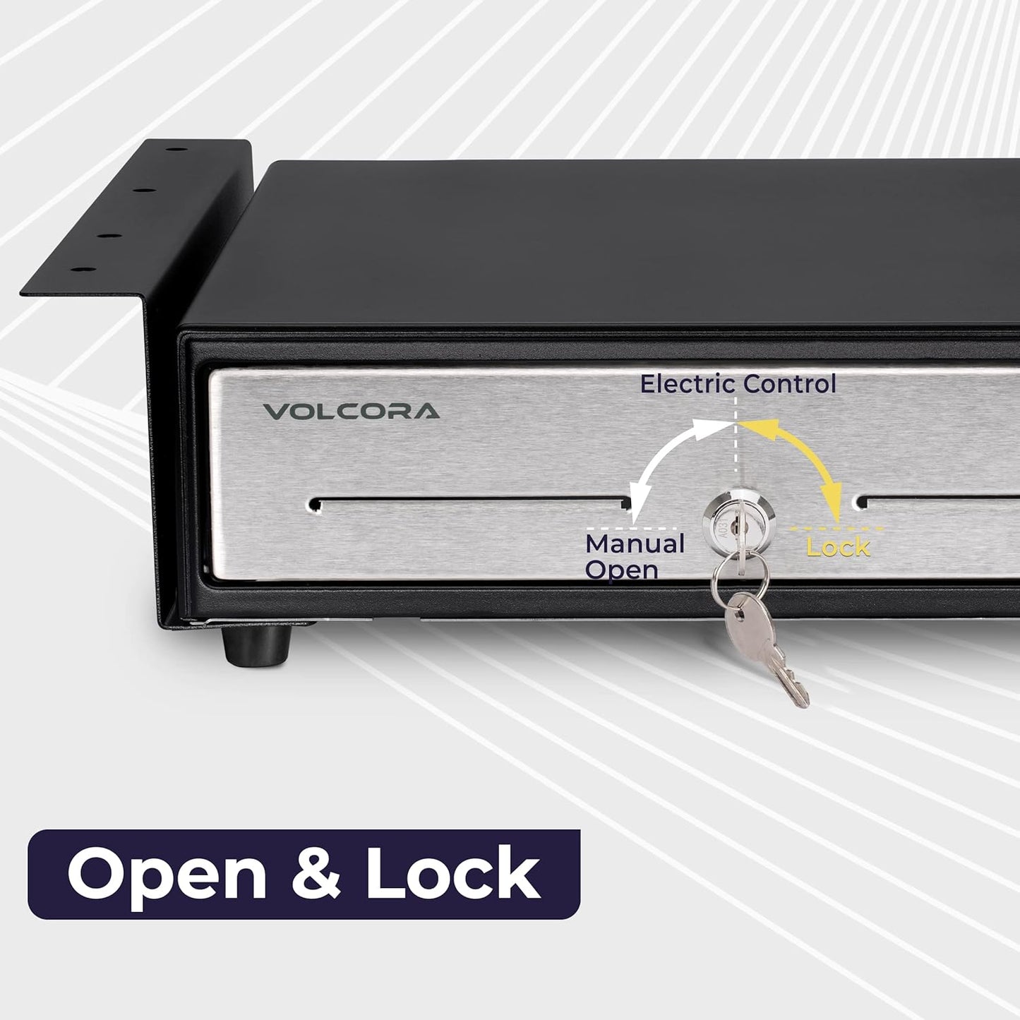Cash Register Drawer with Under Counter Mounting Bracket - 13" Black Cash Drawer for POS, Stainless Steel Front, 4 Bill 5 Coin, Fully Removable 2 Tier Cash Tray, 24V RJ11/RJ12 Key-Lock, 2 Media Slots