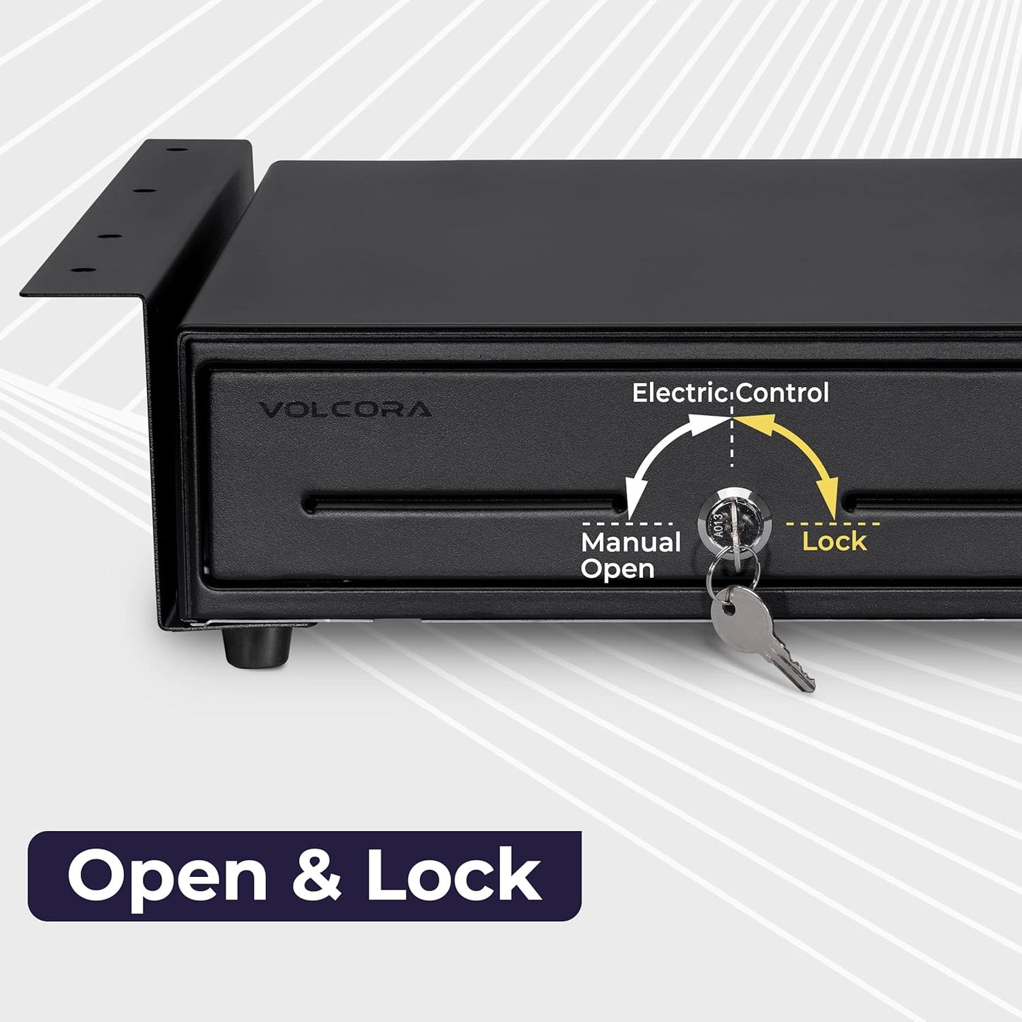 Volcora Cash Register Drawer with Under Counter Mounting Metal Bracket, 13" Black Cash Drawer for POS, 4 Bill 5 Coin Cash Tray, Fully Removable 2Tier Compartment 24V RJ11/RJ12 Key-Lock, 2 Media Slots