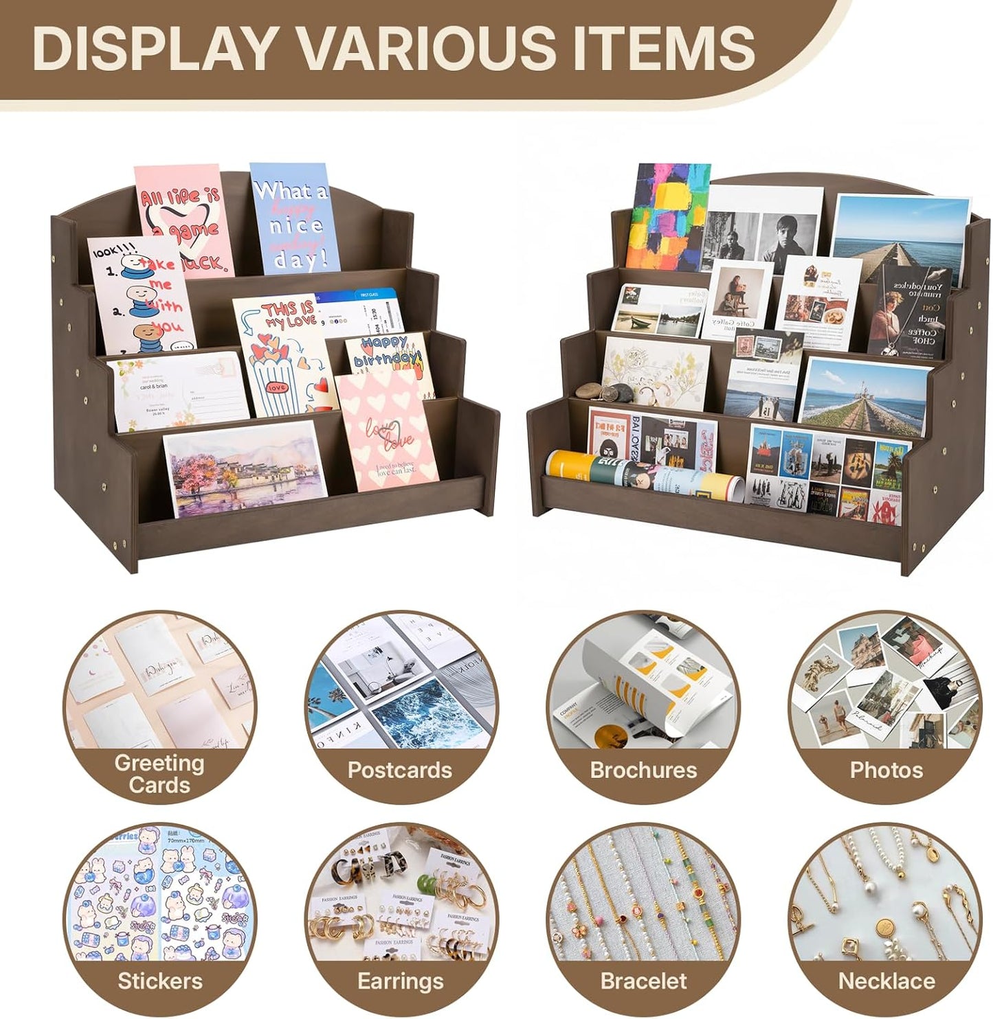 4 Tier Wooden Greeting Card Display Stand, Sticker Organizer Rack, Retail Photos Shelf for Vendors Craft Collection, Retail Stores, Postcards, Jewelry, Snacks, Brown