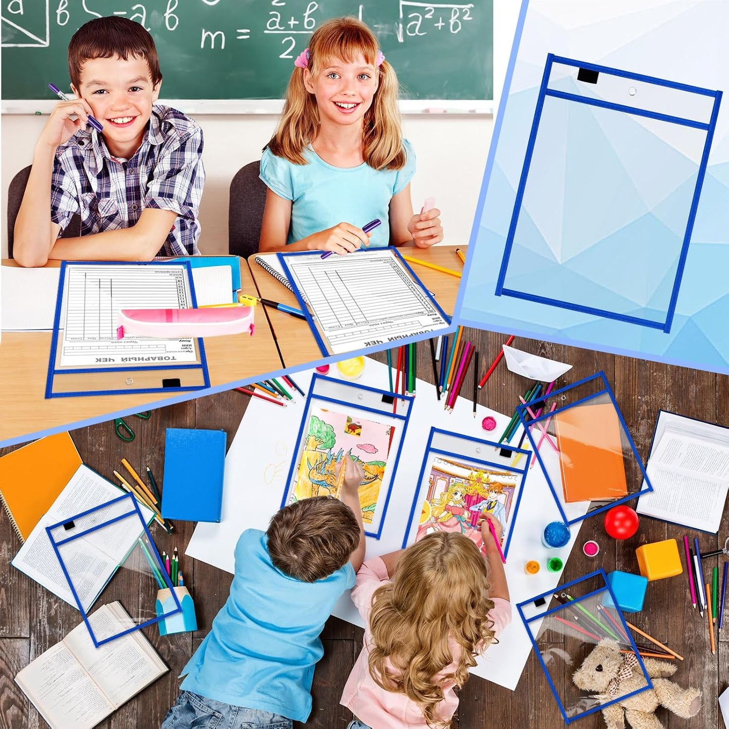 Seajan 120 Pcs Clear Dry Erase Pockets Plastic Sleeves for Paper 14 x 10 Inch Reusable Job Holder Shop Ticket Holders Order Pockets Organizer Teacher Supplies for Classroom (Blue)