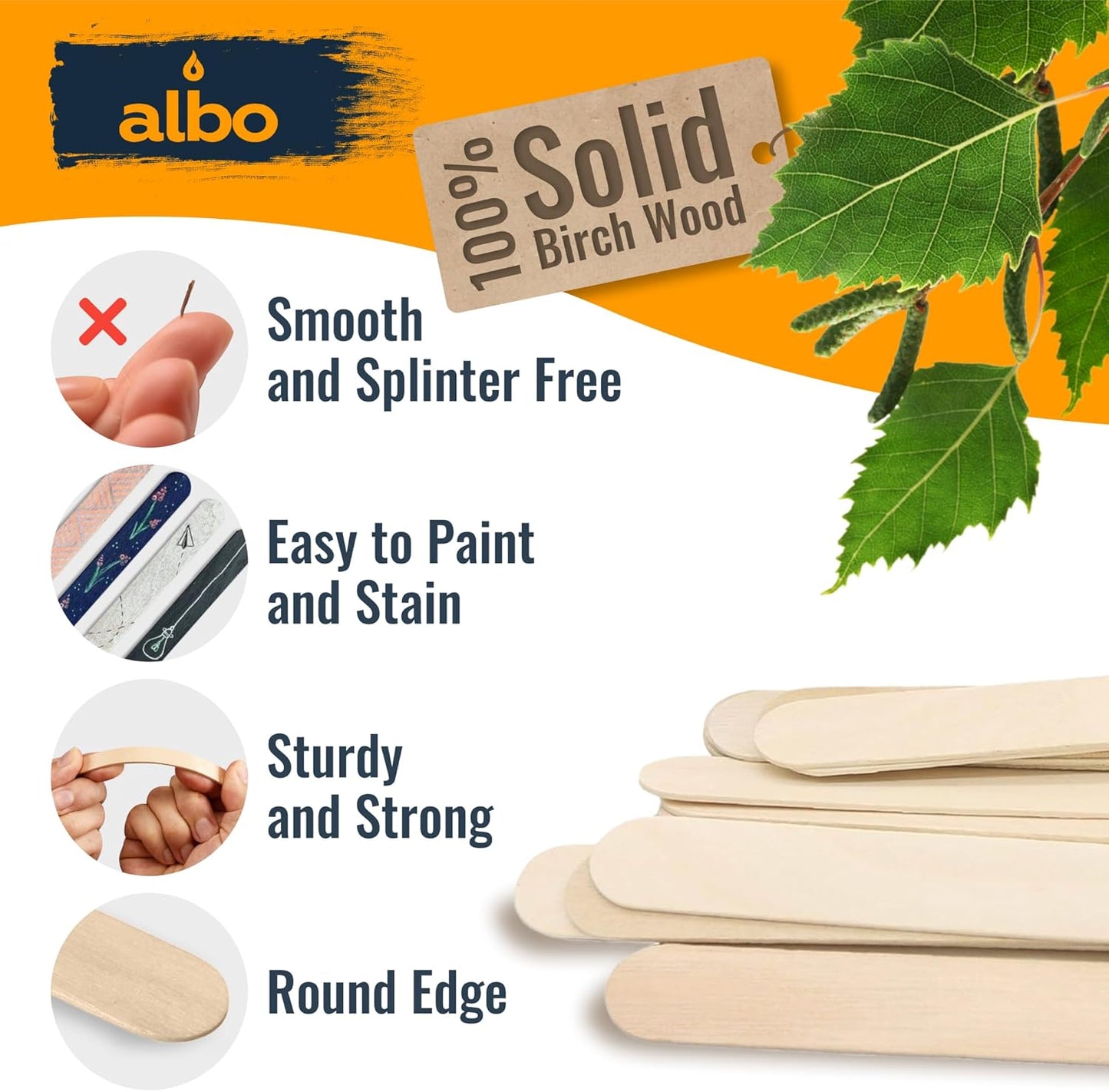 ALBO 300 Pack Wooden Wax Sticks – 4", 5", 6" Birch Applicators | Food-Safe Craft Sticks for Eyebrow & Body Wax | Resin Mixing, Ice Cream & Cake Pop DIY | Bulk DIY Craft Supplies for Kids & Pros