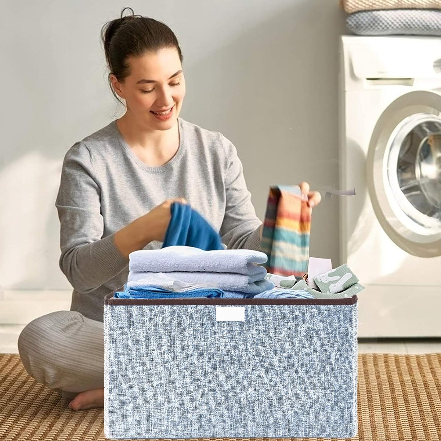 Foldable Storage Bins with Lids, Decorative Storage Baskets, Large Storage Boxes for Home, Office, Bedroom, Closet, Blue, Medium, 4 Pack 14.6 x 9.5 x 9.5”