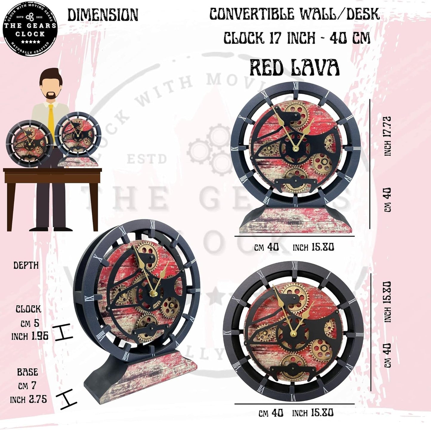 The Gears Clock 16 inches Wall Clock with Real Moving Gears Convertible into a Big Mantel Clock (Red Lava)