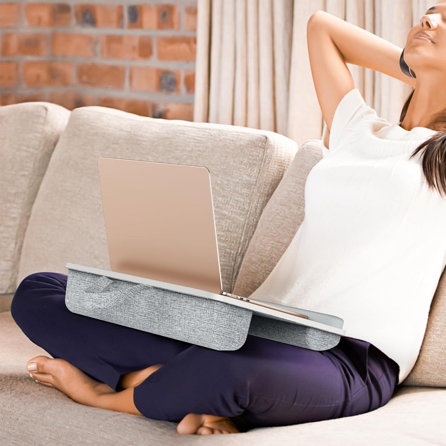 Besign LT08 Laptop Stand, Portable Lap Desk with Pillow Cushion, Fits up to 14 inch Laptop, with Anti-Slip Strip for Desk, Sofa & Bed, White and Gray