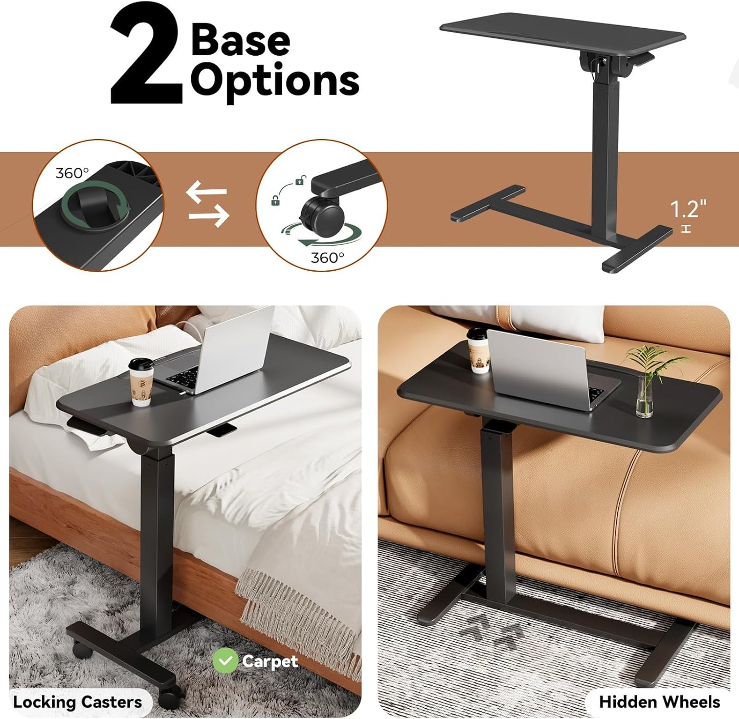 Mobile Standing Desk, Height Adjustable Left/Right Overbed Bedside Table, 90° Tiltable Portable Laptop Desk with Wheels, Foldable Computer Cart for Hospital Home Use, Black