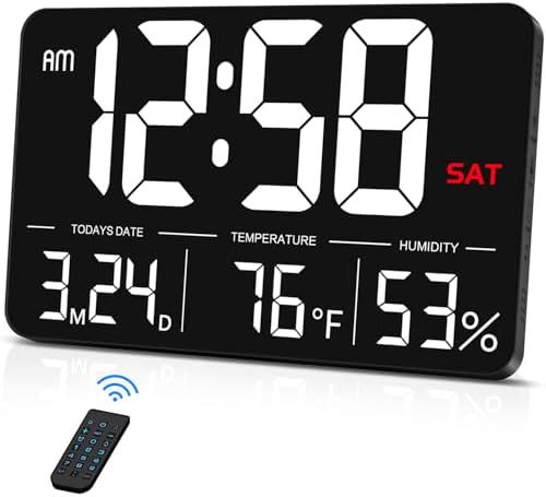 MASHI Digital Clock,13" Large Display Digital Wall Clock, Adjustable Brightness Calendar Clock with Day and Date,DST,Alarms,Humidity, Temperature for Desk, Wall Mounted, Gift for Elderly