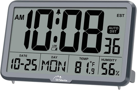 WallarGe Auto Set Digital Wall Clock Battery Operated, Desk Clocks with Temperature, Humidity and Date, Large Display Digital Calendar Alarm Clock for Elderly, Bedroom, Office, 8 Time Zone, Auto DST.
