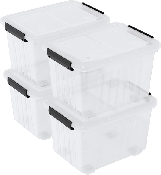 4 Packs 50 L Plastic Latching Box with Wheels, Clear Organizer Containers with Latching Lids for Office and Home Organization
