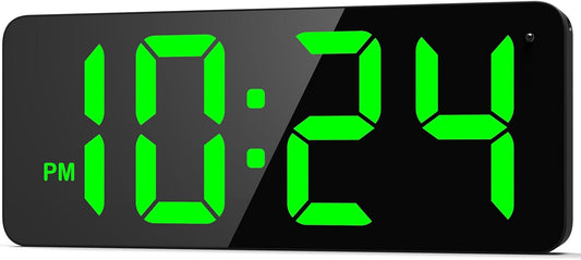 LED Digital Wall Clock with Large Display, Big Digits, Auto-Brightness, 12/24Hr Format, Modern Electric Small Silent Wall Clock for Living Room, Bedroom, Classroom, Farmhouse, Kitchen, Office - Green