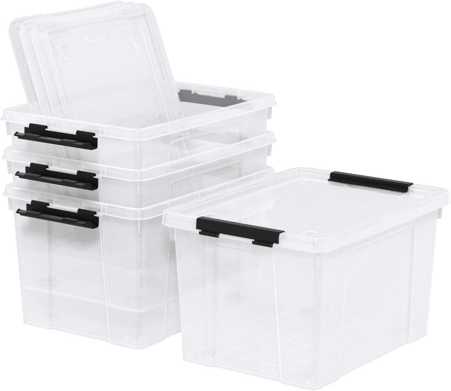 22 Quart Stackable Plastic Storage Bins with Lids and Latching Buckles, 4 Pack Tubs Boxes Organizing, Clear
