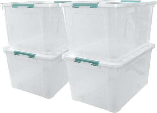 Pekky 85 Quart Clear Storage Bin on Wheels, 4-Pack Large Plastic Latching Box