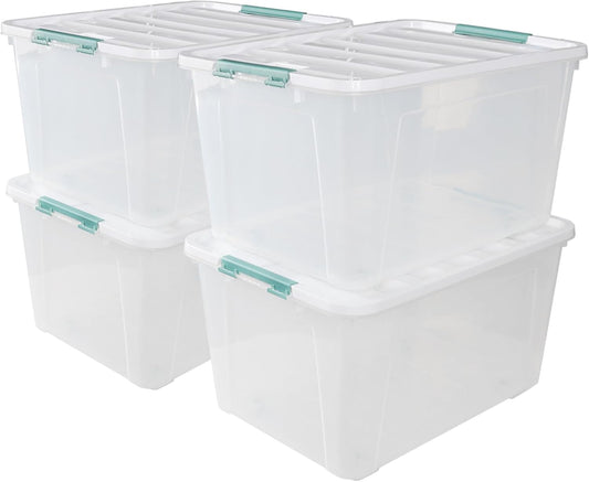 Gloreen 4 Pack Large Plastic Storage Bin with Lid, 85 Quart Latching Storage Box with Wheels