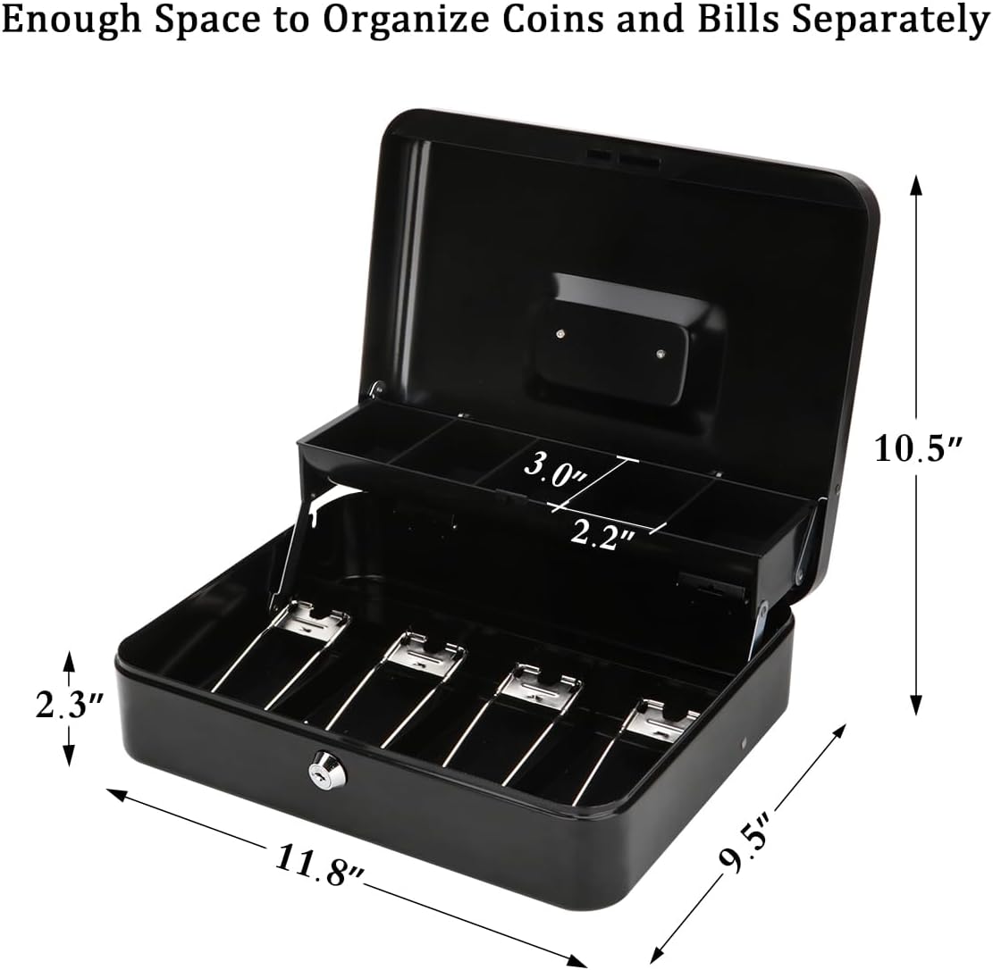 Jssmst Large Locking Cash Box with Money Tray, Lock Box with Security Cable Metal Money Box with Key Lock, Black, CB02304XL
