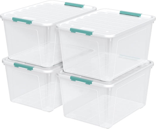 85 Quart (21 Gallon) Clear Large Plastic Storage Latch Box with Lid, Plastic Storage Bins with Wheels, 4-Pack