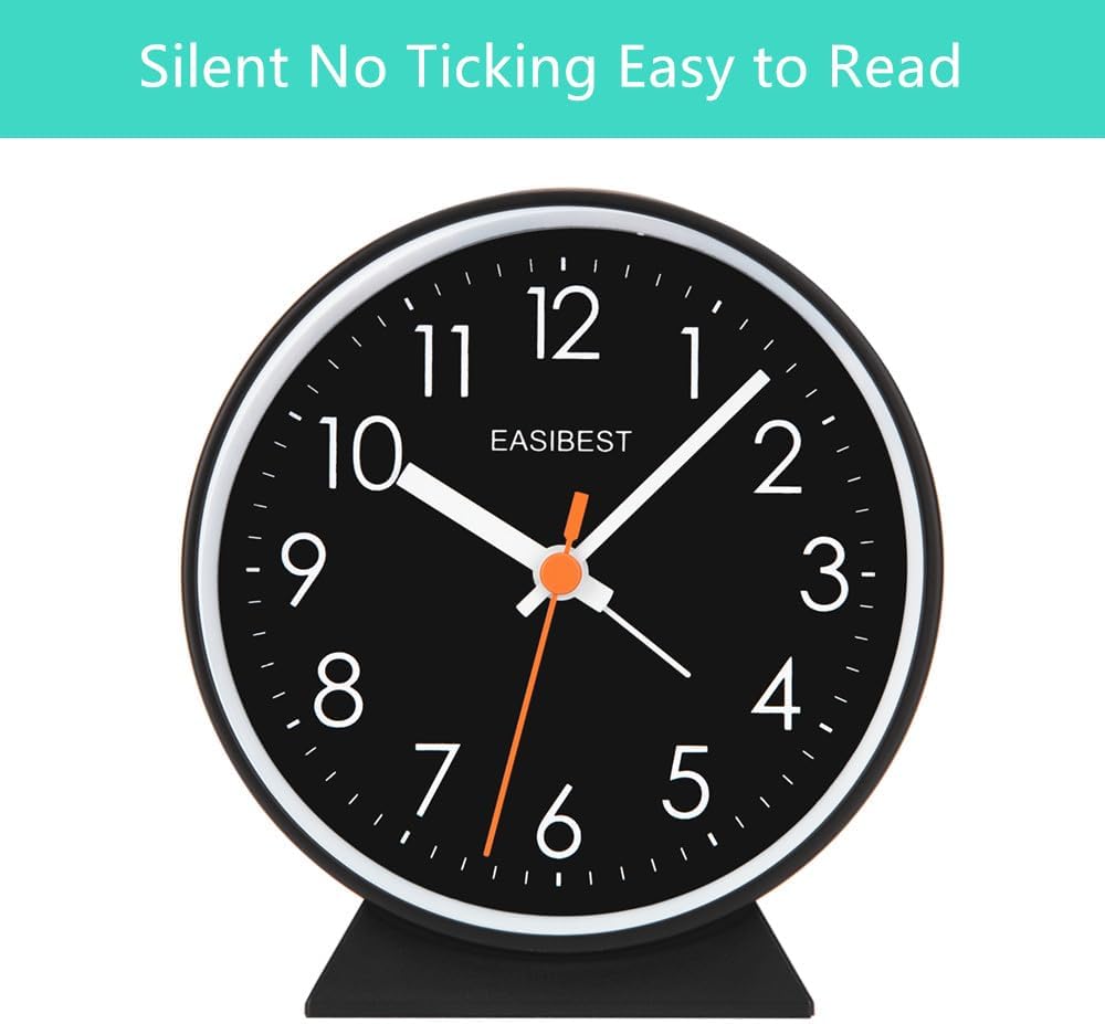 No Ticking Silent Alarm Clock,Easy to Read and Use,Ascending Sound,1 AA Battery Operated,Snooze Light,Bedside Desk Clock,Black