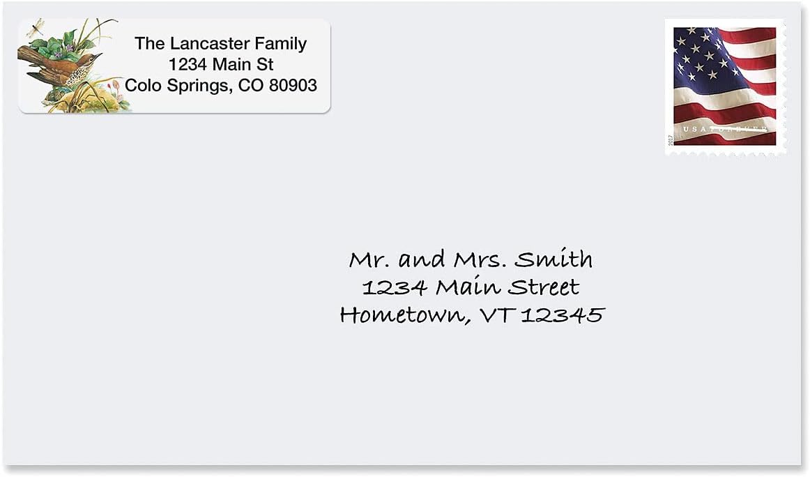 Meadow Birds Rolled Personalized Return Address Mailing Labels with Dispenser, Set of 500, 5 Designs, Small ¾ x 2½ Inch Size, Custom Self-Adhesive Sticker Roll, by Colorful Images