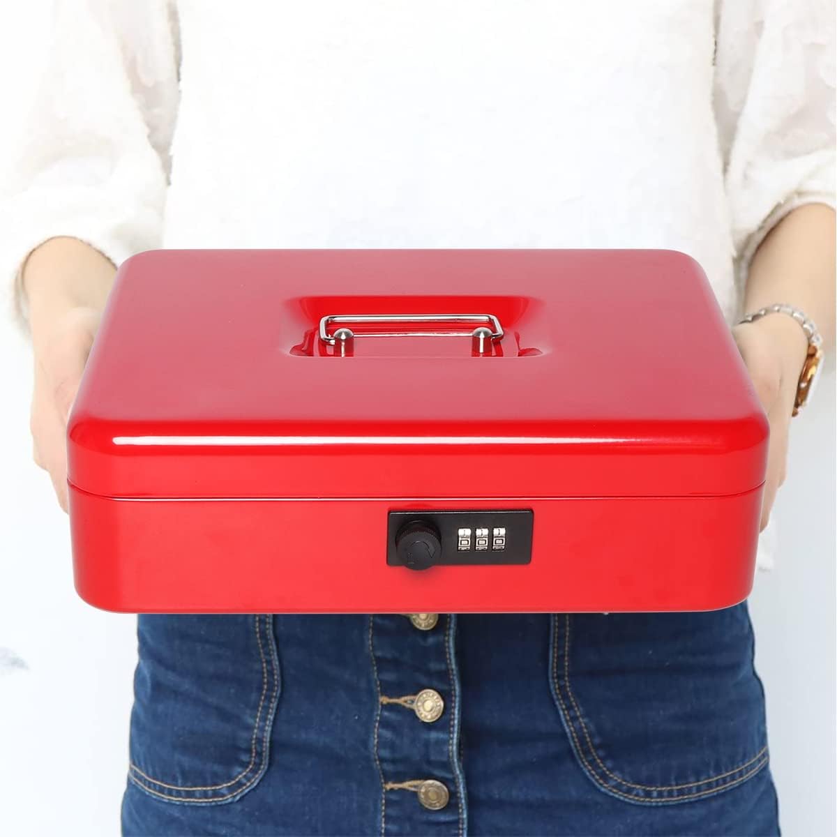 Jssmst Cash Box with Money Tray and Lock - Red Cash Box with Combination Lock Safe Money Box Large, Locking Cash Register Drawer Box, 11.8'' x 9.5'' x 3.5'', SM-CB005RED