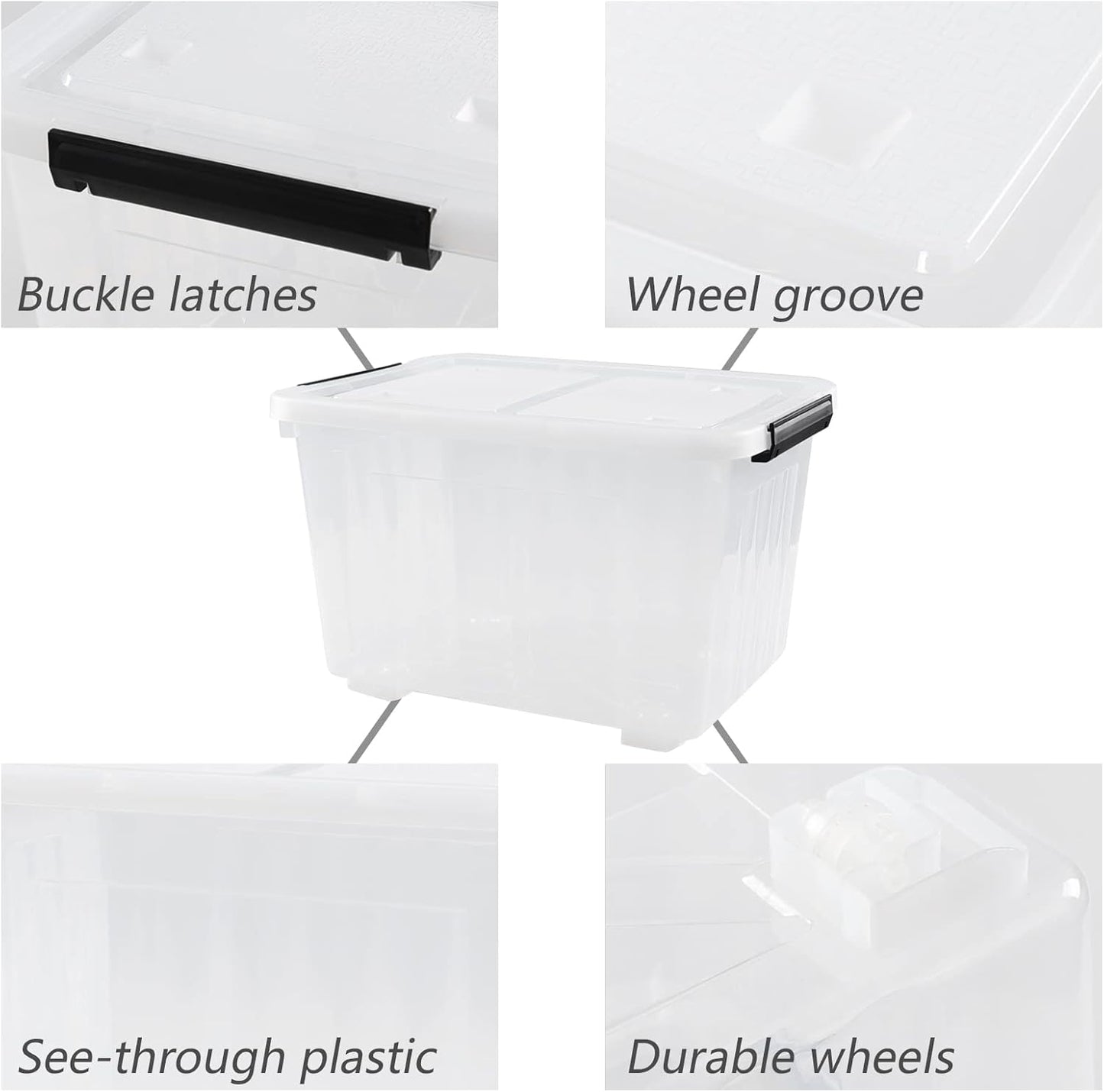 Farmoon 4 Pack 30 Quart Plastic Latching Storage Box Bin with Wheels, Clear