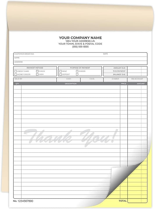 Custom 5.5" X 8.5" Invoice Receipt Book, Carbonless NCR Invoice Book in 2-Part Duplicate Receipts, Estimates, Purchase Orders, Sales Orders (White/Yellow/Pink, 200 Sets)