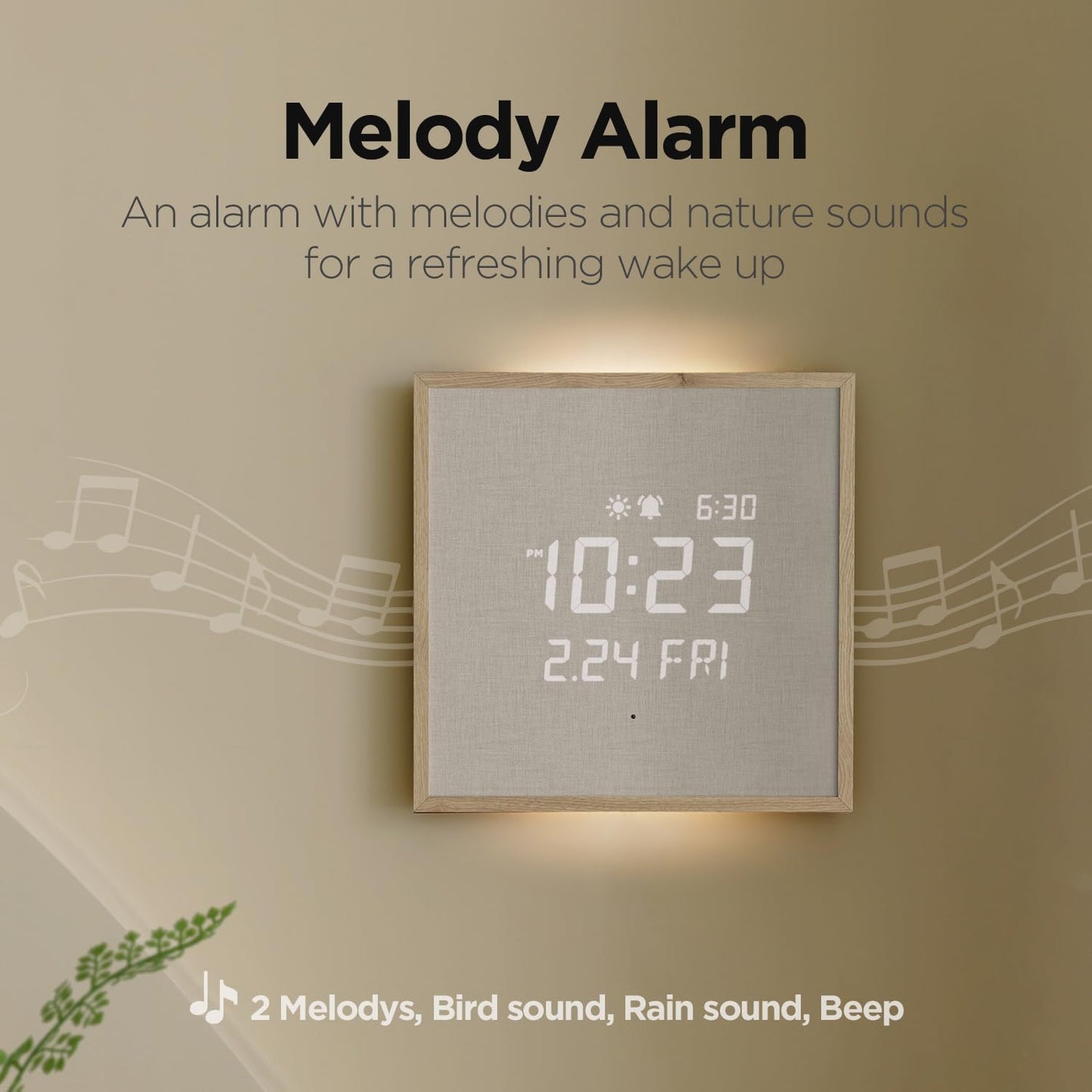 mooas Wooden Frame LED Silent Wall Clock with Remote, Backlit Nightlight, Modern Digital LED Wall Clock Display Sunrise Alarm Melody 5 Brightness for Bedroom Living Room (Wooden Frame Light Brown)
