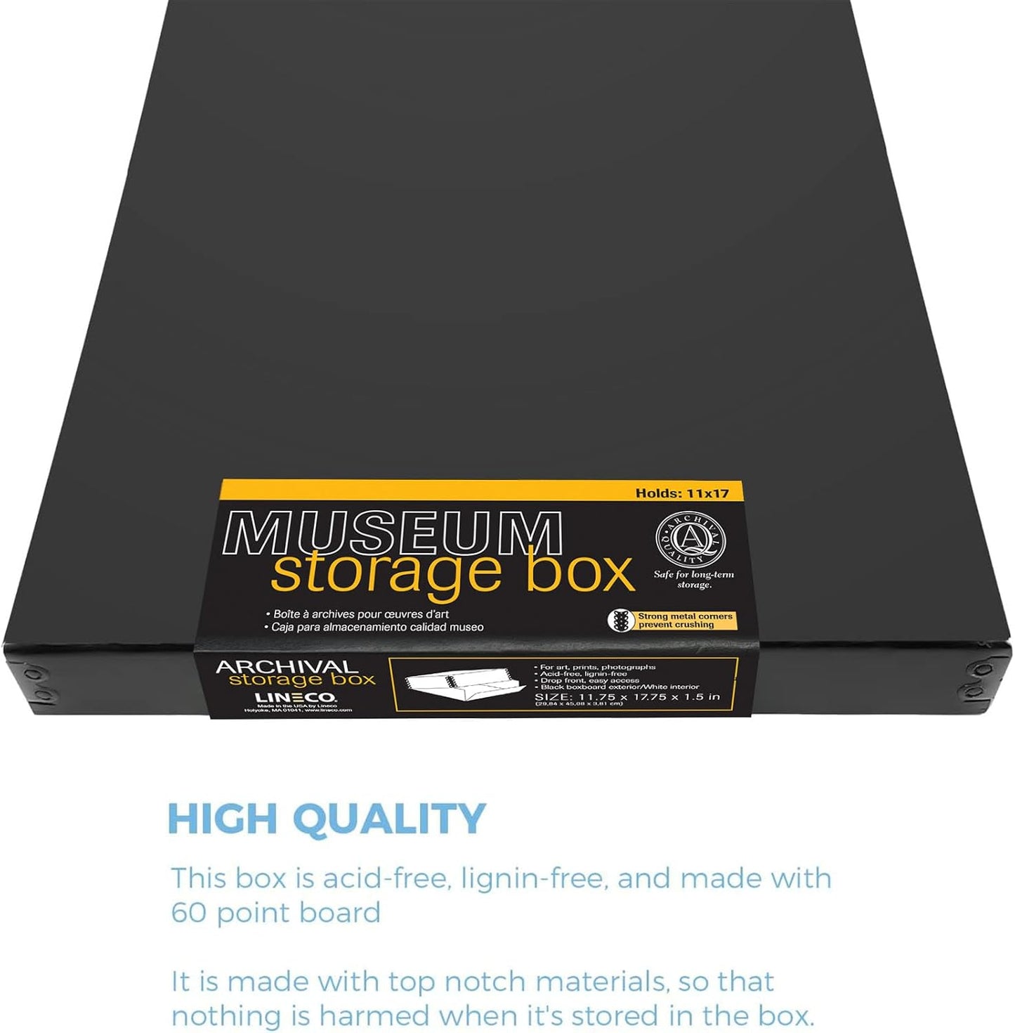 Lineco Museum Archival Storage Box, 11.75x17.75x1.5 in. Drop Front Design. Acid-Free with Metal Edge. Organize Photos, Pictures, Prints, Documents, Crafts, DIY. Black, 2 Pack