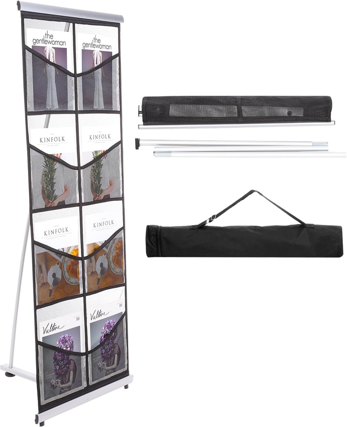 PATIKIL Portable Magazine Display Racks Floor Standing Double A4 8 Mesh Pockets Brochure Stand Catalog Literature Holder for Hotel, Exhibition, Office, Black