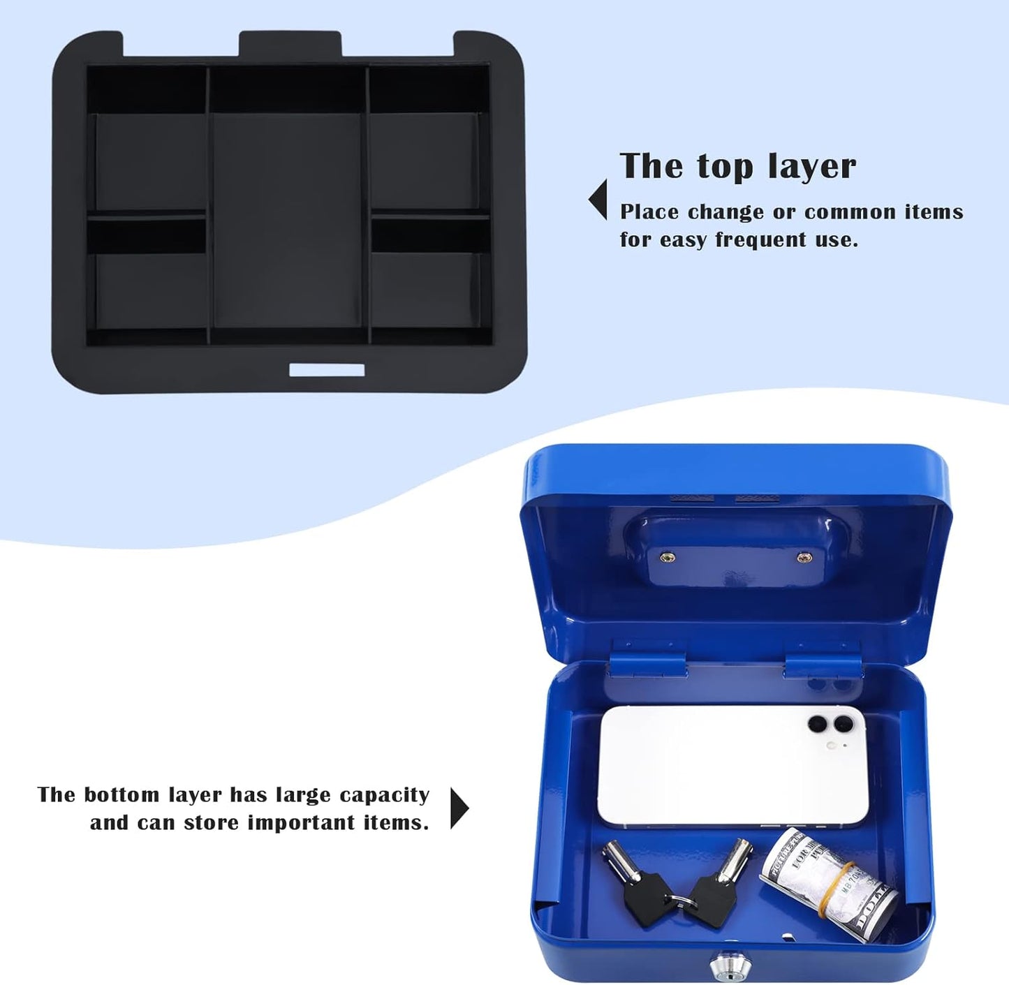 xydled Locking Steel Medium Cash Box with Removable Coin Tray and Key Lock,7.87"x 6.30"x 3.54",Blue