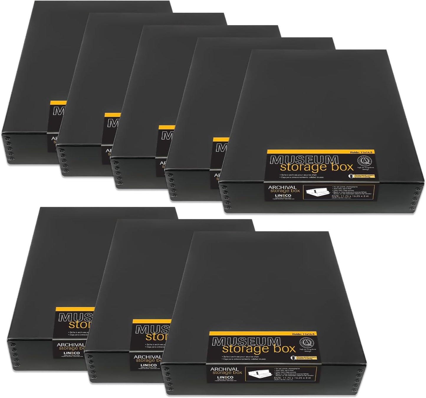 Lineco Museum Archival Storage Box, 11.75x15.25x3 in. Drop Front Design. Acid-Free with Metal Edge. Organize Photos, Pictures, Prints, Documents, Crafts, DIY. Black, 8 Pack
