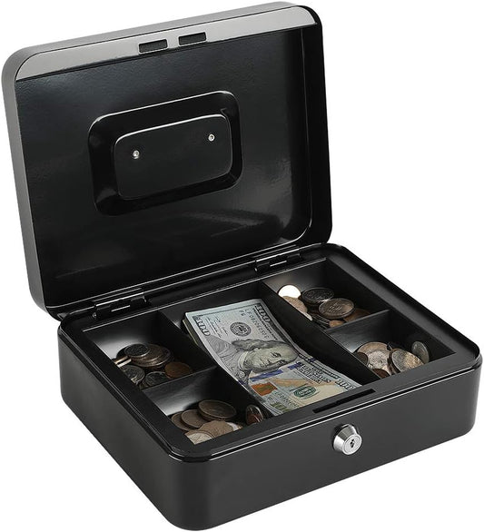 xydled Locking Steel Large Cash Box with Removable Coin Tray and Key Lock,9.84"x 7.87"x 3.54",Black