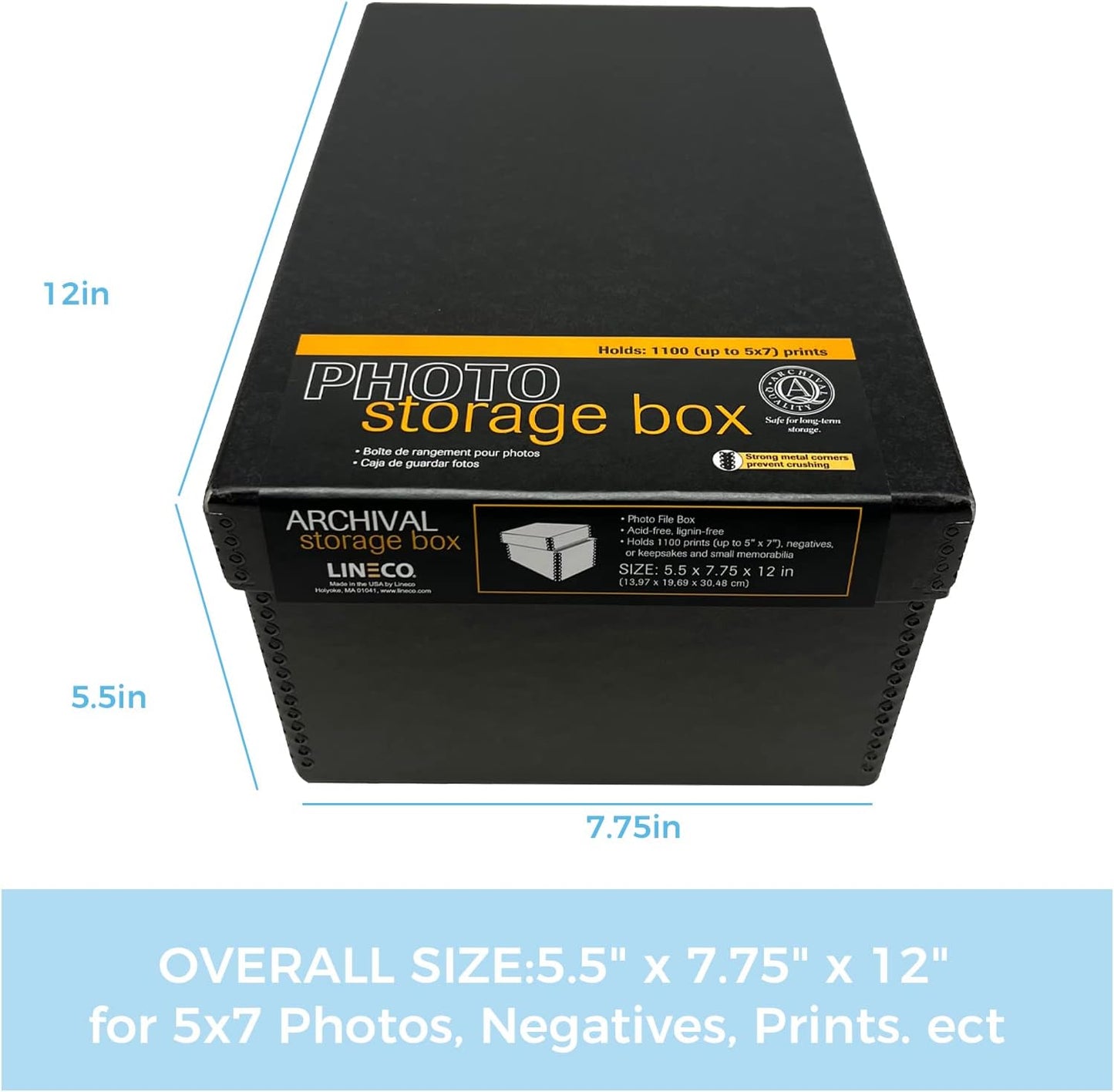 Lineco Archival Photo Storage Box, Holds up to 1100 of 5x7 Pictures, 4x6 Photograph Container with Removable Lid. Preserve Snapshot, Negatives, Prints, Films, Card, 5"x7"x12", Black